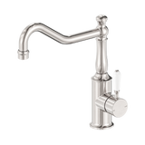 An image of Nero Tapware York Kitchen Mixer Hook Spout With White Porcelain Lever Brushed Nickel