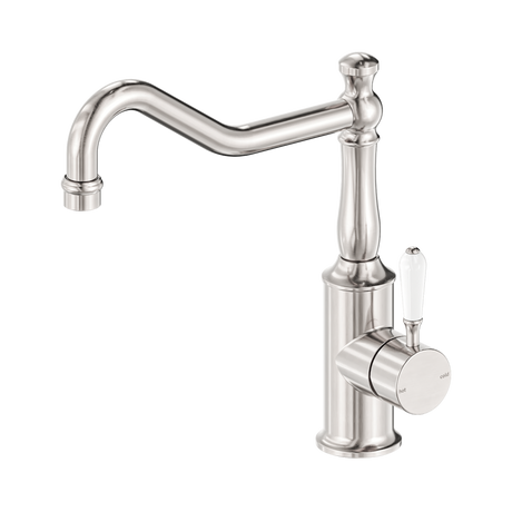 An image of Nero Tapware York Kitchen Mixer Hook Spout With White Porcelain Lever Brushed Nickel
