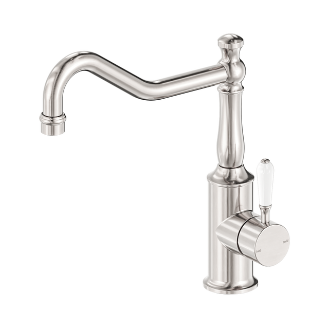 An image of Nero Tapware York Kitchen Mixer Hook Spout With White Porcelain Lever Brushed Nickel