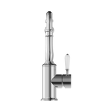 An image of Nero Tapware York Kitchen Mixer Hook Spout With White Porcelain Lever Chrome