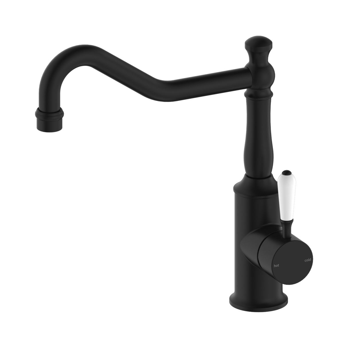 An image of Nero Tapware York Kitchen Mixer Hook Spout With White Porcelain Lever Matte Black