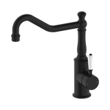 An image of Nero Tapware York Kitchen Mixer Hook Spout With White Porcelain Lever Matte Black