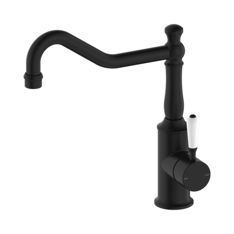 An image of Nero Tapware York Kitchen Mixer Hook Spout With White Porcelain Lever Matte Black