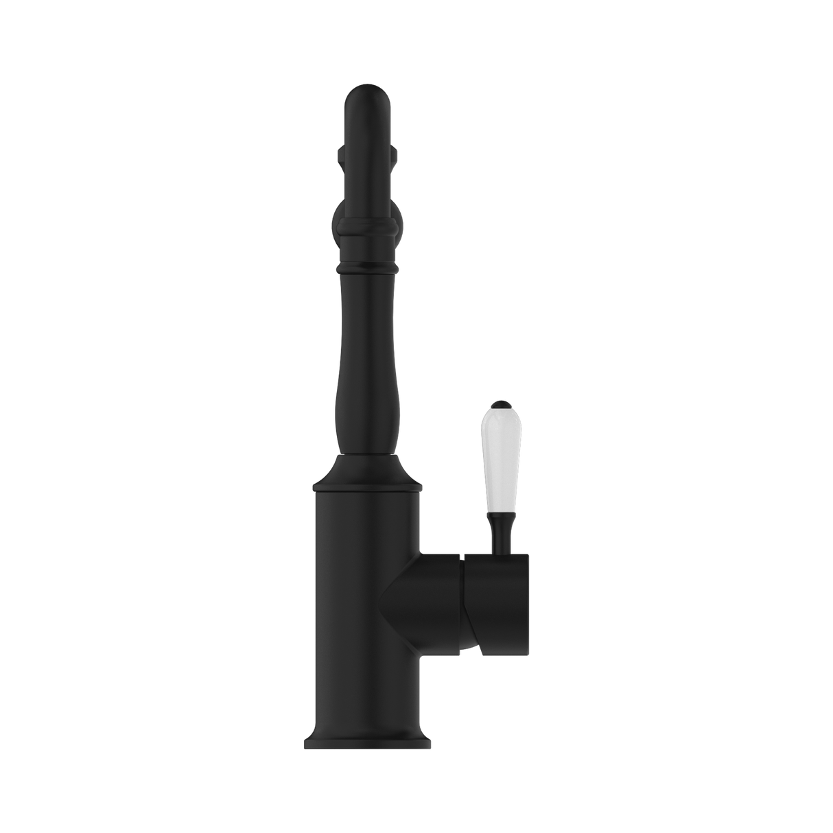 An image of Nero Tapware York Kitchen Mixer Hook Spout With White Porcelain Lever Matte Black