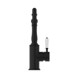 An image of Nero Tapware York Kitchen Mixer Hook Spout With White Porcelain Lever Matte Black