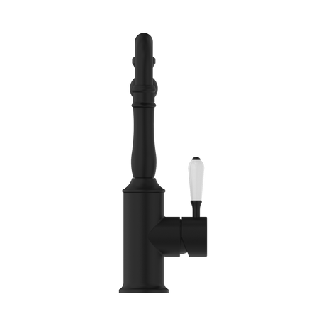 An image of Nero Tapware York Kitchen Mixer Hook Spout With White Porcelain Lever Matte Black