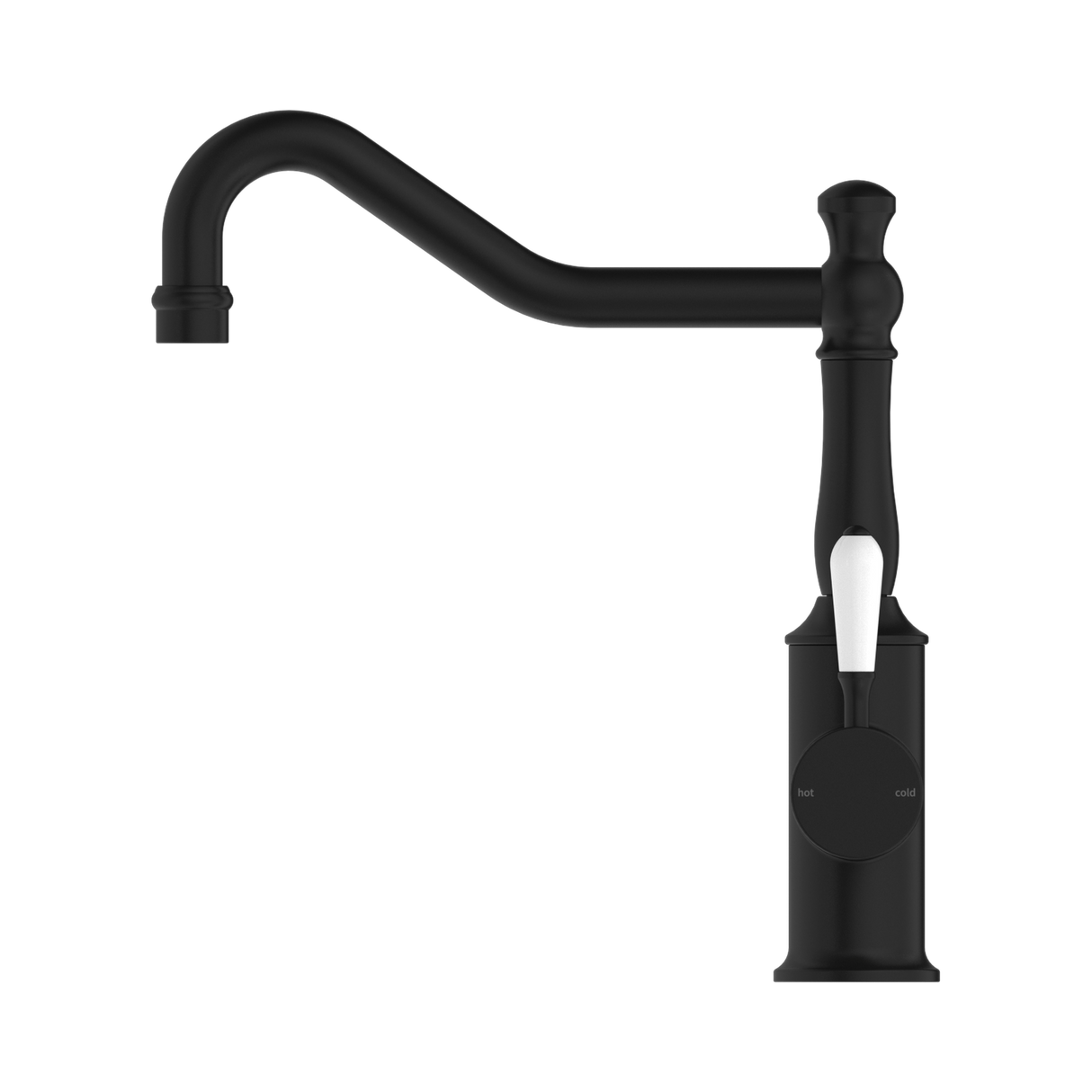An image of Nero Tapware York Kitchen Mixer Hook Spout With White Porcelain Lever Matte Black
