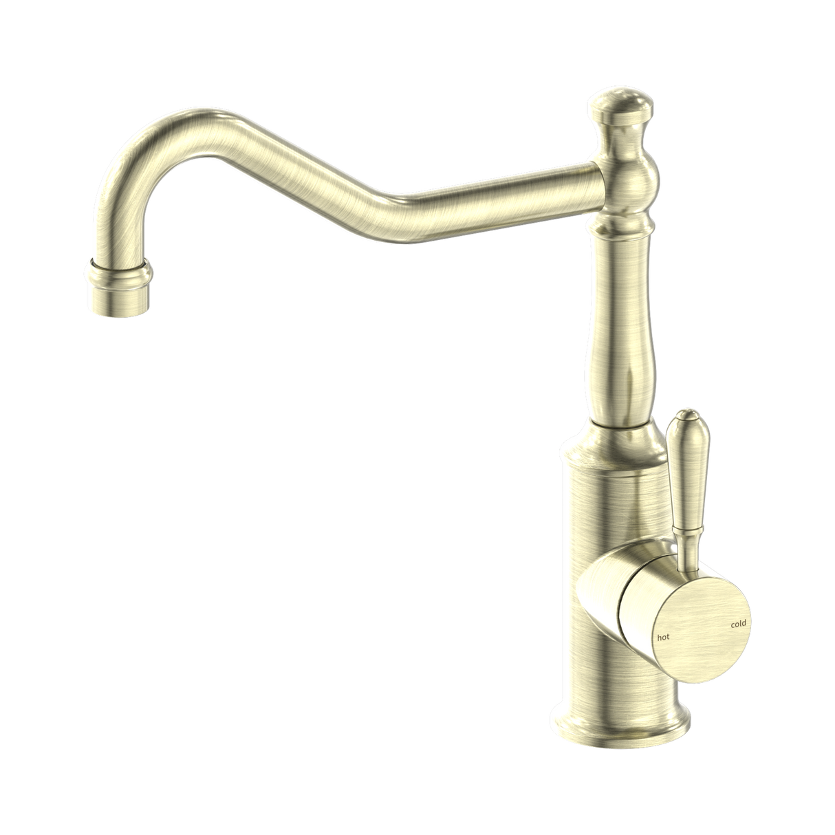An image of Nero Tapware York Kitchen Mixer Hook Spout With Metal Lever Aged Brass