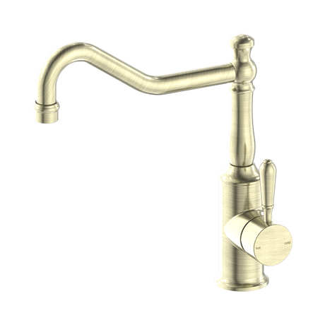 An image of Nero Tapware York Kitchen Mixer Hook Spout With Metal Lever Aged Brass