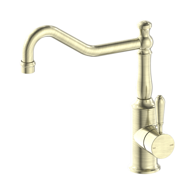 An image of Nero Tapware York Kitchen Mixer Hook Spout With Metal Lever Aged Brass
