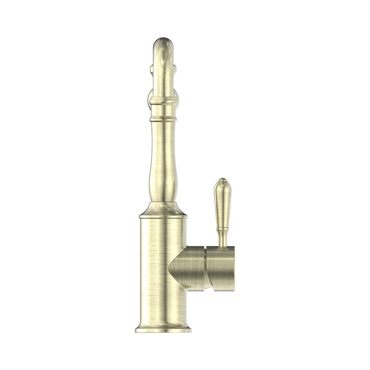 An image of Nero Tapware York Kitchen Mixer Hook Spout With Metal Lever Aged Brass