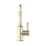 An image of Nero Tapware York Kitchen Mixer Hook Spout With Metal Lever Aged Brass