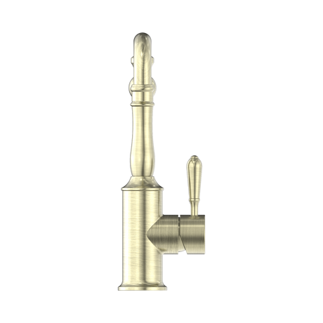 An image of Nero Tapware York Kitchen Mixer Hook Spout With Metal Lever Aged Brass