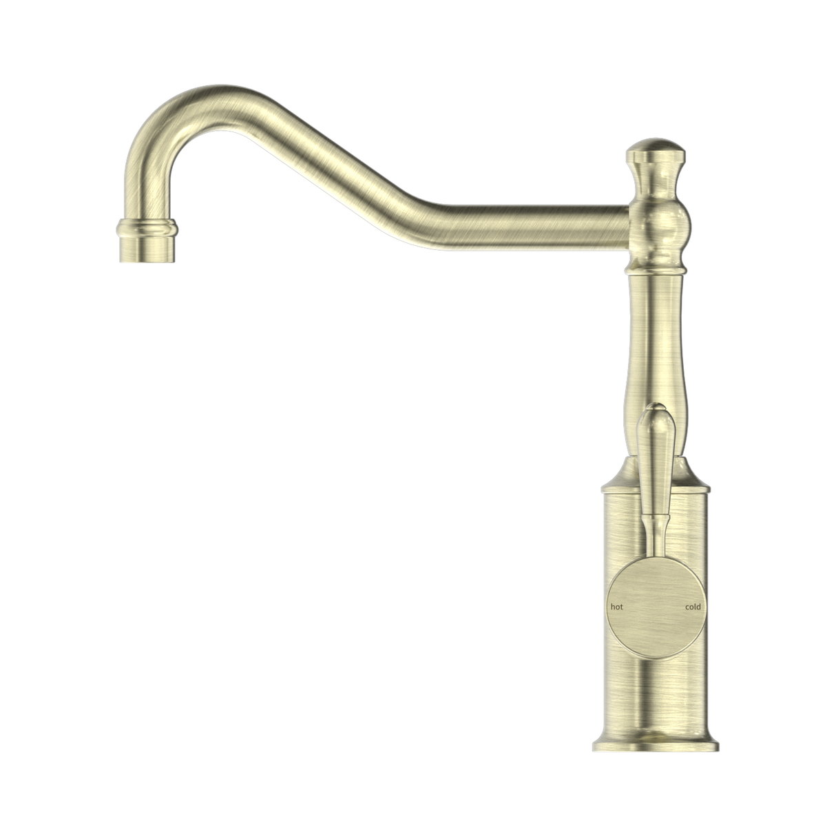 An image of Nero Tapware York Kitchen Mixer Hook Spout With Metal Lever Aged Brass