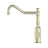 An image of Nero Tapware York Kitchen Mixer Hook Spout With Metal Lever Aged Brass