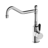 An image of Nero Tapware York Kitchen Mixer Hook Spout With Black Porcelain Lever Chrome