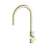 An image of Nero Tapware York Pull Out Sink Mixer With Vegie Spray Function With White Porcelain Lever Aged Brass