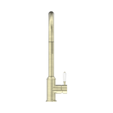 An image of Nero Tapware York Pull Out Sink Mixer With Vegie Spray Function With White Porcelain Lever Aged Brass
