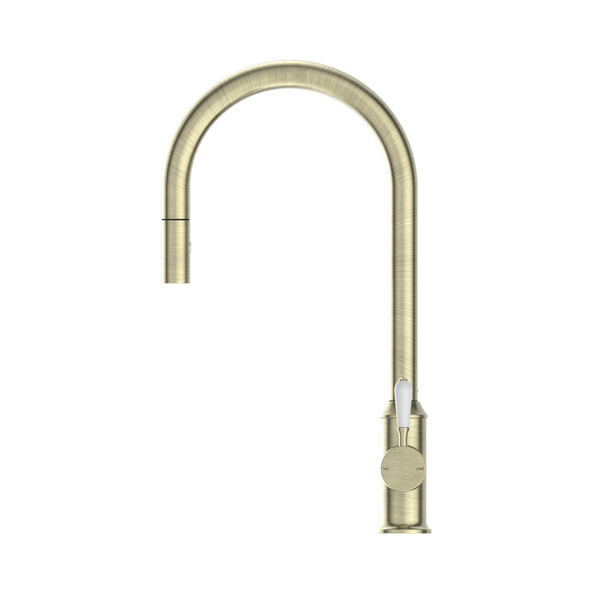 An image of Nero Tapware York Pull Out Sink Mixer With Vegie Spray Function With White Porcelain Lever Aged Brass