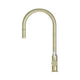 An image of Nero Tapware York Pull Out Sink Mixer With Vegie Spray Function With White Porcelain Lever Aged Brass