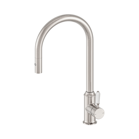 An image of Nero Tapware York Pull Out Sink Mixer With Vegie Spray Function With White Porcelain Lever Brushed Nickel