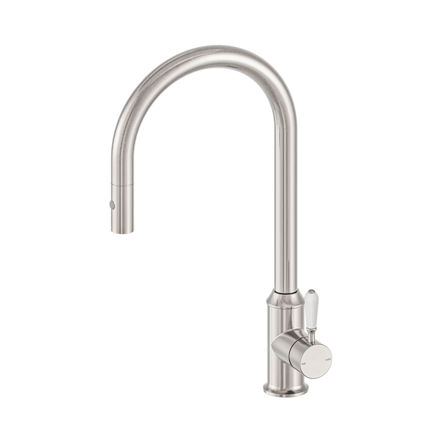 An image of Nero Tapware York Pull Out Sink Mixer With Vegie Spray Function With White Porcelain Lever Brushed Nickel
