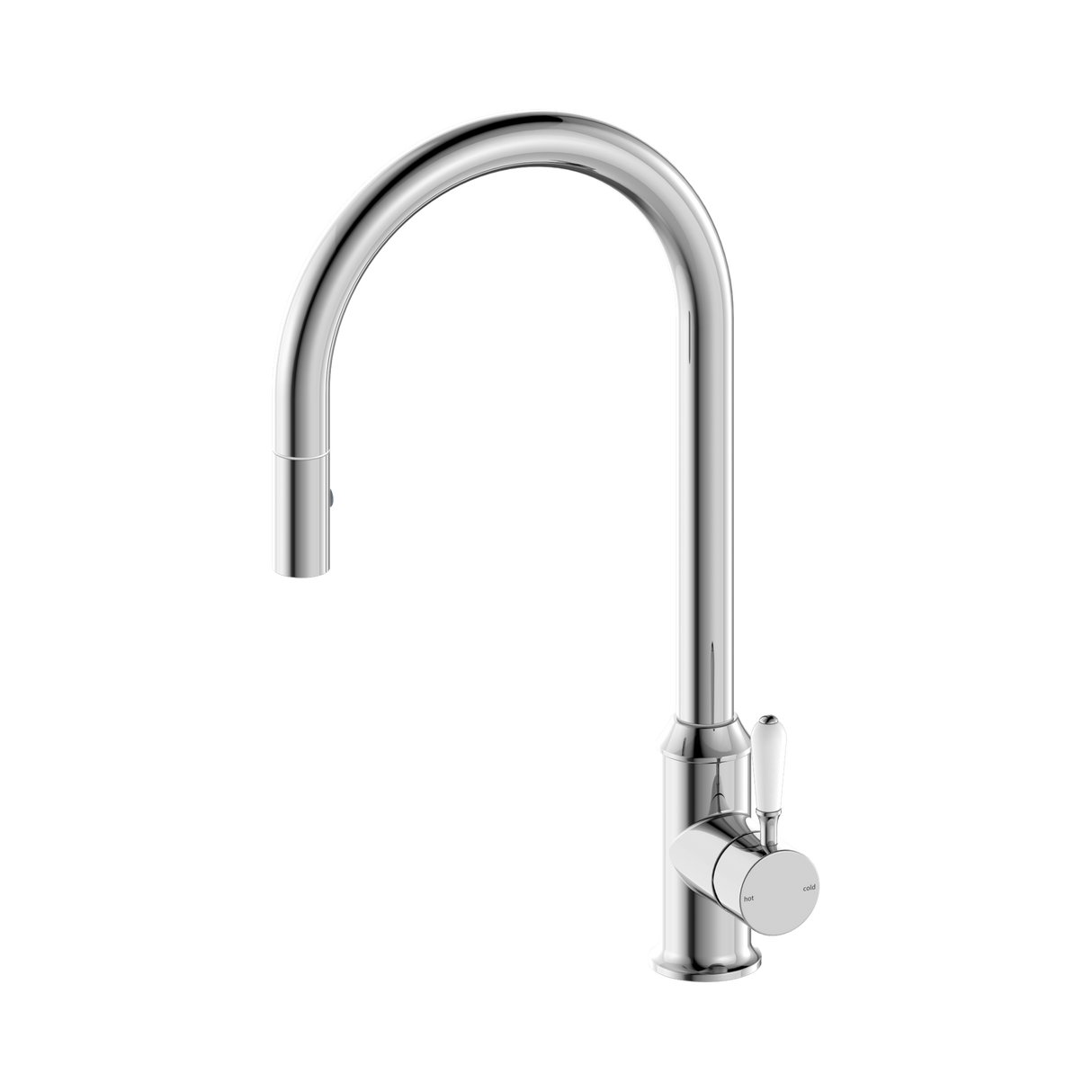 An image of Nero Tapware York Pull Out Sink Mixer With Vegie Spray Function With White Porcelain Lever Chrome
