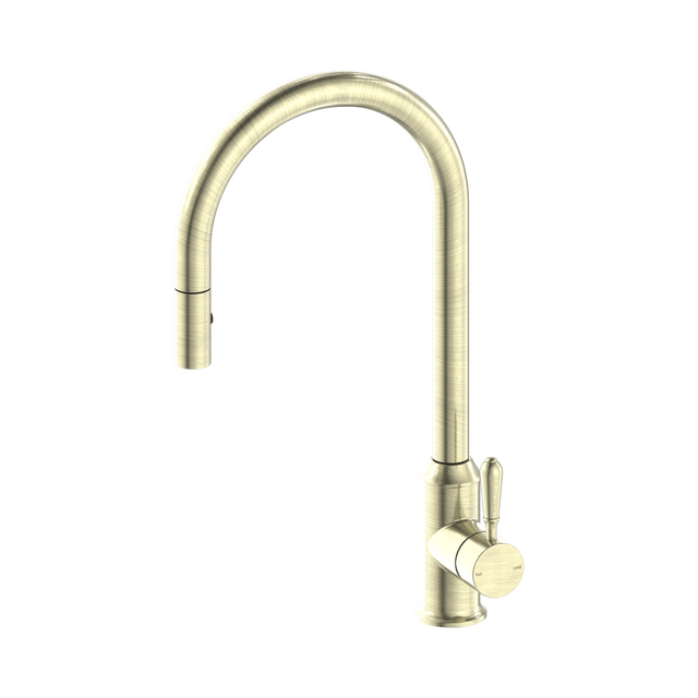 An image of Nero Tapware York Pull Out Sink Mixer With Vegie Spray Function With Metal Lever Aged Brass