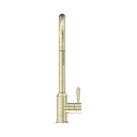 An image of Nero Tapware York Pull Out Sink Mixer With Vegie Spray Function With Metal Lever Aged Brass