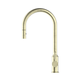An image of Nero Tapware York Pull Out Sink Mixer With Vegie Spray Function With Metal Lever Aged Brass