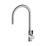 An image of Nero Tapware York Pull Out Sink Mixer With Vegie Spray Function With Black Porcelain Lever Chrome
