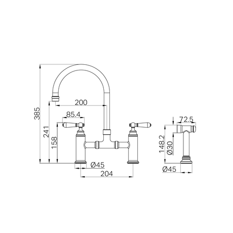 A line drawing of Nero Tapware York Bridge Kitchen Set With Hand Spray Matte Black