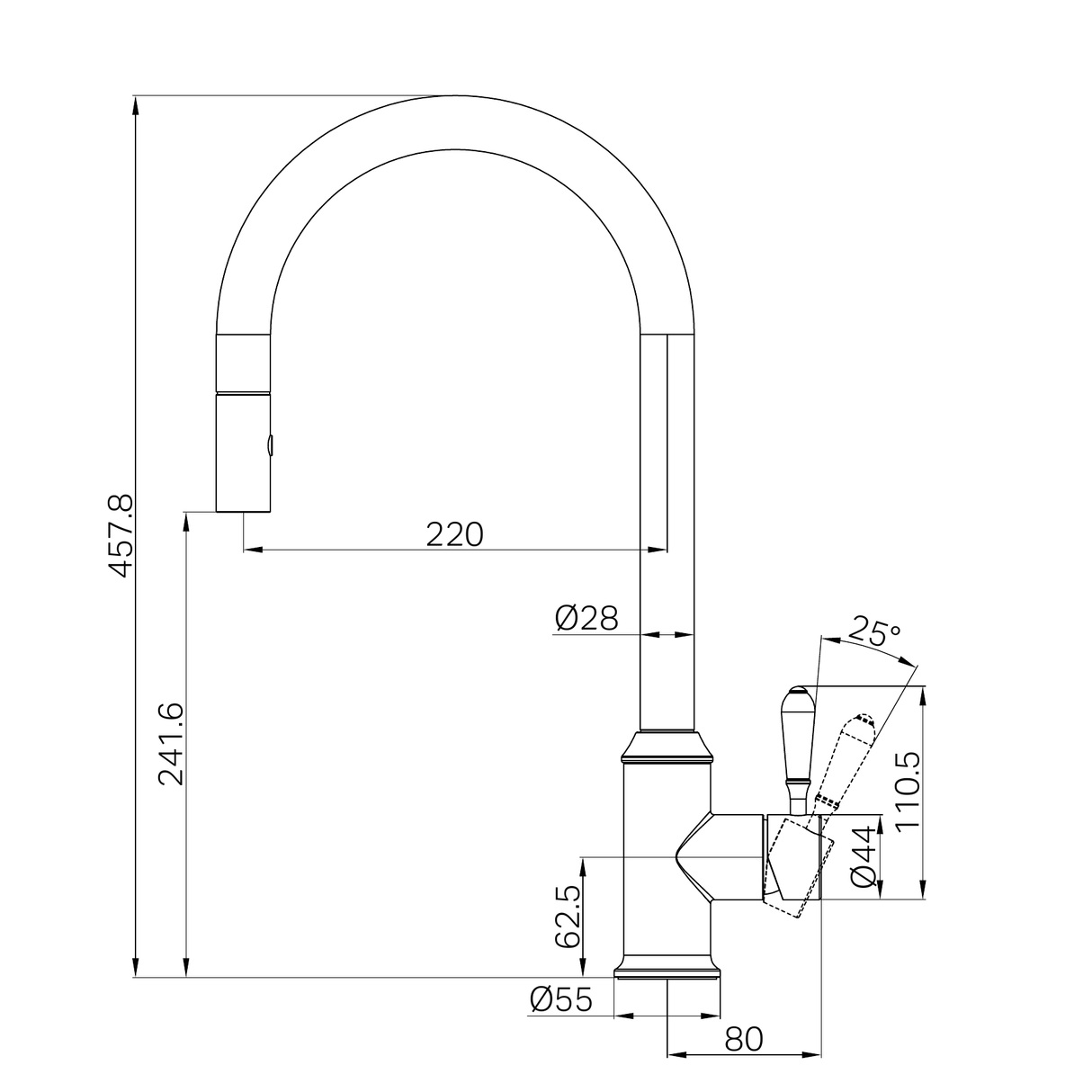 A line drawing of Nero Tapware York Pull Out Sink Mixer With Vegie Spray Function With White Porcelain Lever Brushed Nickel