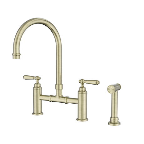 An image of Nero Tapware York Bridge Kitchen Set With Hand Spray Aged Brass