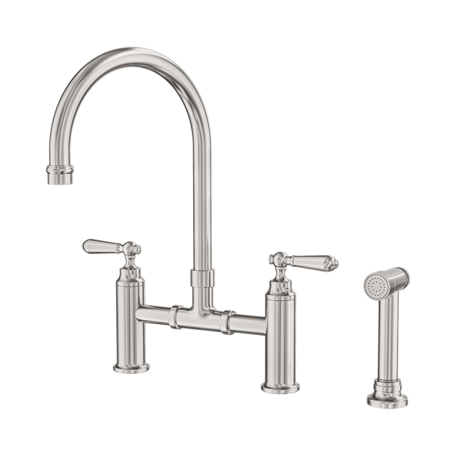 An image of Nero Tapware York Bridge Kitchen Set With Hand Spray Brushed Nickel