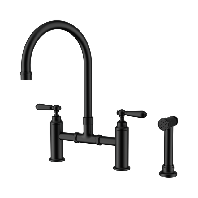 An image of Nero Tapware York Bridge Kitchen Set With Hand Spray Matte Black