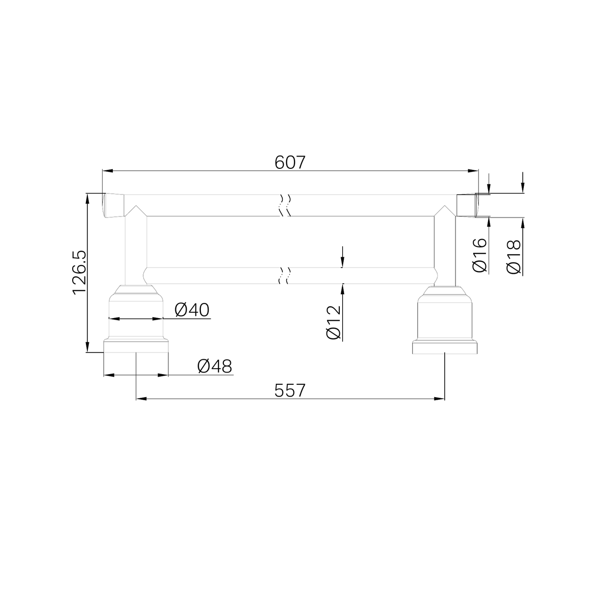 A line drawing of Nero Tapware York Double Towel Rail 600mm Matte Black