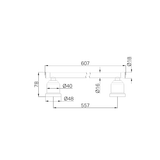 A line drawing of Nero Tapware York Single Towel Rail 600mm Brushed Nickel