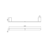 A line drawing of Nero Tapware Bianca Single Towel Rail 600mm Matte Black
