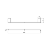 A line drawing of Nero Tapware Bianca Single Towel Rail 800mm Brushed Gold