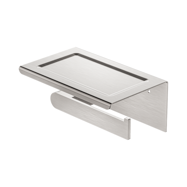 An image of Nero Tapware Bianca Toilet Roll Holder With Phone Holder Brushed Nickel