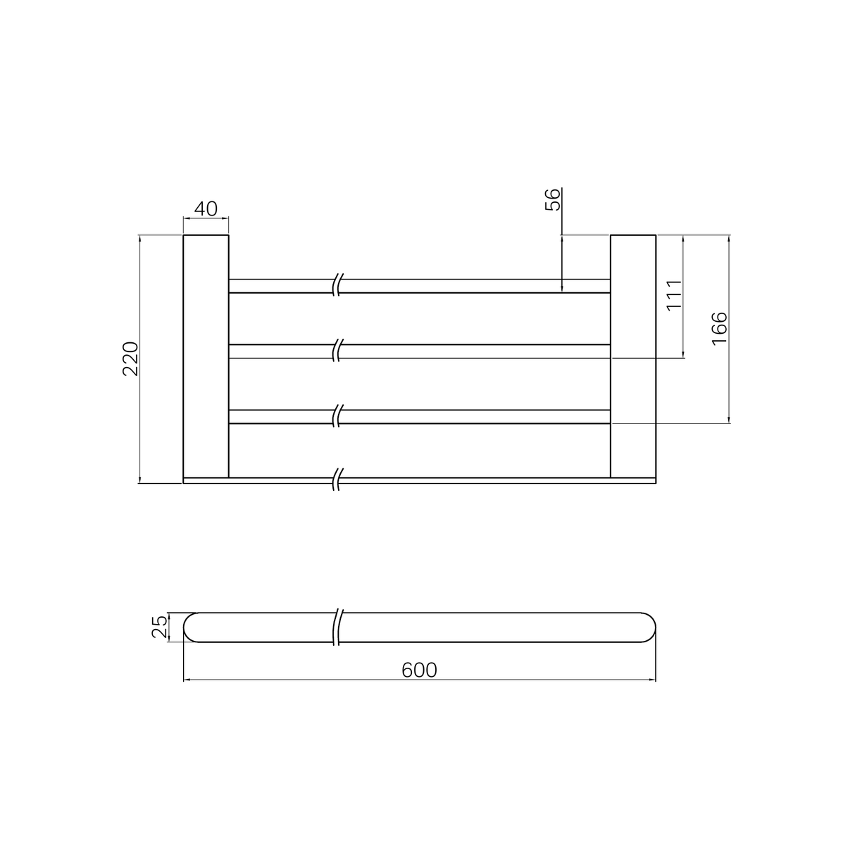 A line drawing of Nero Tapware Bianca Towel Rack Matte Black