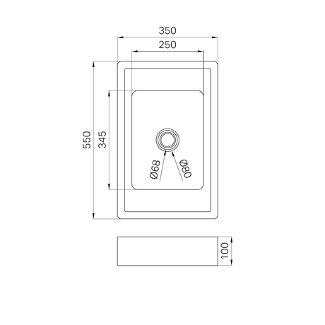 A line drawing of Nero Tapware Opal Rectangle Stainless Steel Basin Graphite