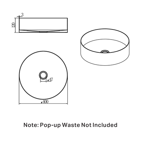 A line drawing of Nero Tapware Opal Round 400mm Stainless Steel Basin Graphite
