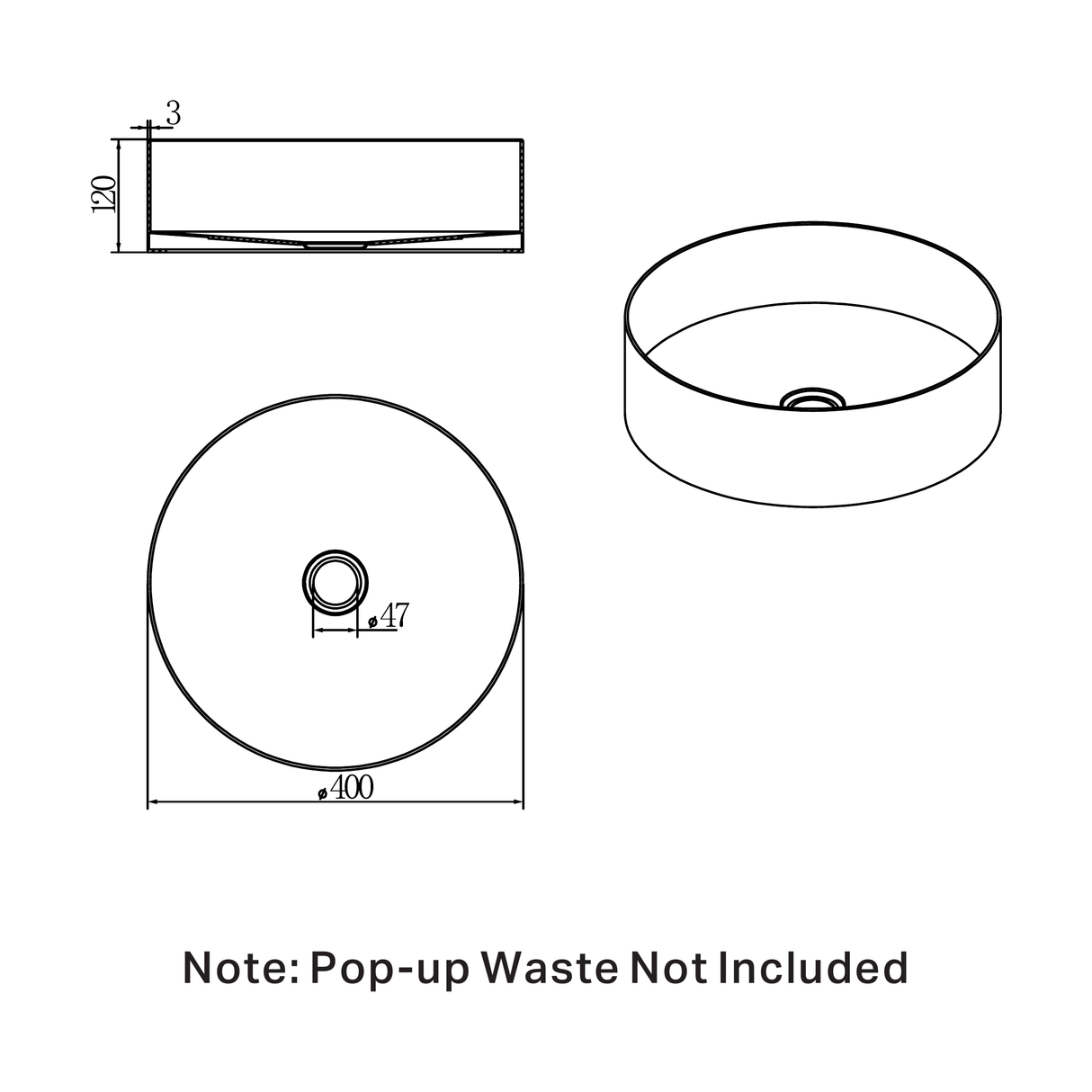 A line drawing of Nero Tapware Opal Round 400mm Stainless Steel Basin Brushed Bronze