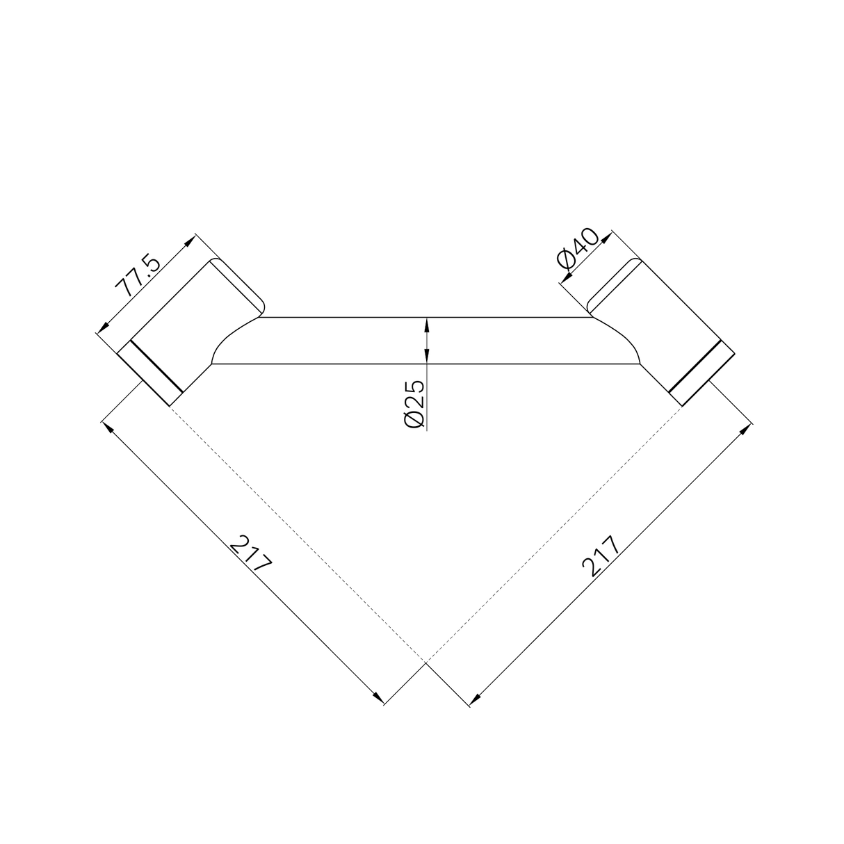 A line drawing of Nero Tapware Mecca Care 25mm Footrest Corner Grab Rail 215mm Matte Black