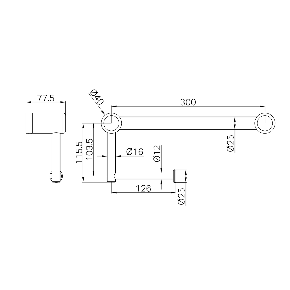 A line drawing of Nero Tapware Mecca Care 25mm Toilet Roll Rail 300mm Gun Metal