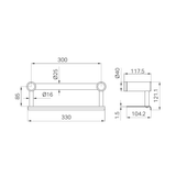 A line drawing of Nero Tapware Mecca Care 25mm Grab Rail With Shelf 300mm Matte Black