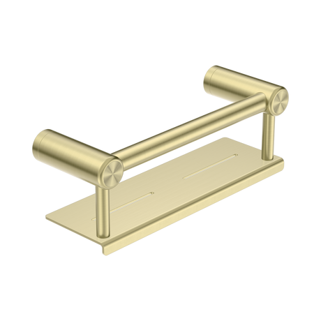 An image of Nero Tapware Mecca Care 25mm Grab Rail With Shelf 300mm Brushed Gold