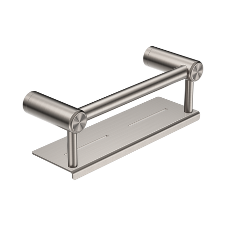 An image of Nero Tapware Mecca Care 25mm Grab Rail With Shelf 300mm Brushed Nickel